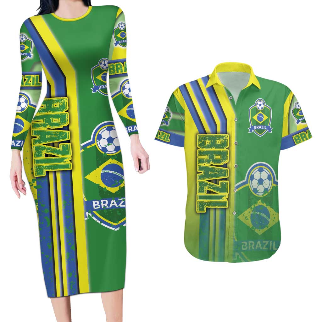 Brazil Football Couples Matching Long Sleeve Bodycon Dress and Hawaiian Shirt Selecao Soccer - Road To Champion
