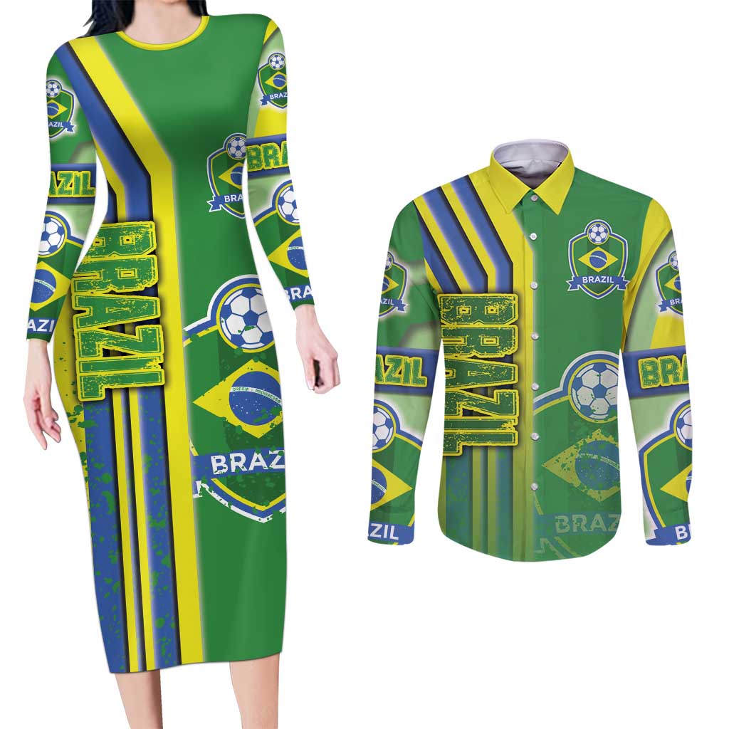 Brazil Football Couples Matching Long Sleeve Bodycon Dress and Long Sleeve Button Shirt Selecao Soccer - Road To Champion