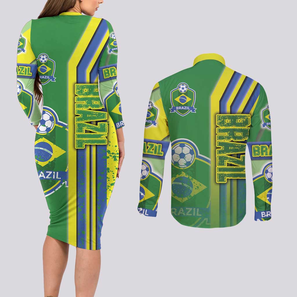 Brazil Football Couples Matching Long Sleeve Bodycon Dress and Long Sleeve Button Shirt Selecao Soccer - Road To Champion