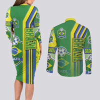Brazil Football Couples Matching Long Sleeve Bodycon Dress and Long Sleeve Button Shirt Selecao Soccer - Road To Champion