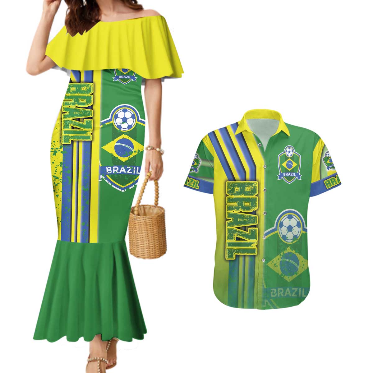 Brazil Football Couples Matching Mermaid Dress and Hawaiian Shirt Selecao Soccer - Road To Champion