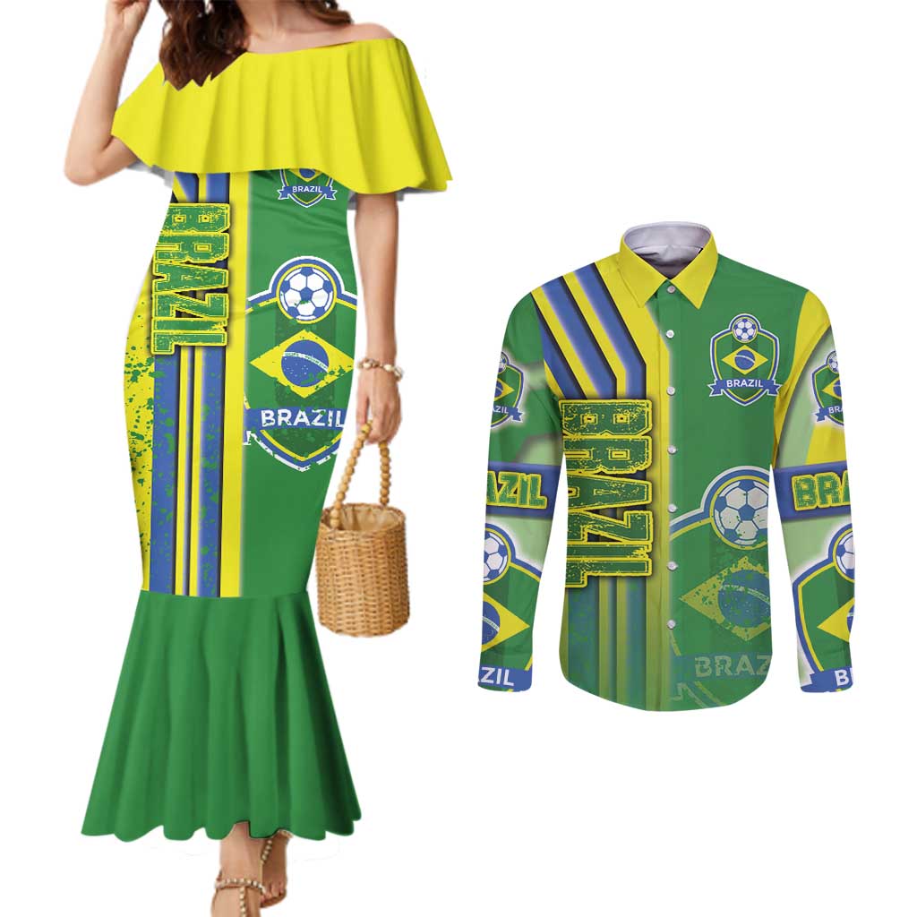 Brazil Football Couples Matching Mermaid Dress and Long Sleeve Button Shirt Selecao Soccer - Road To Champion