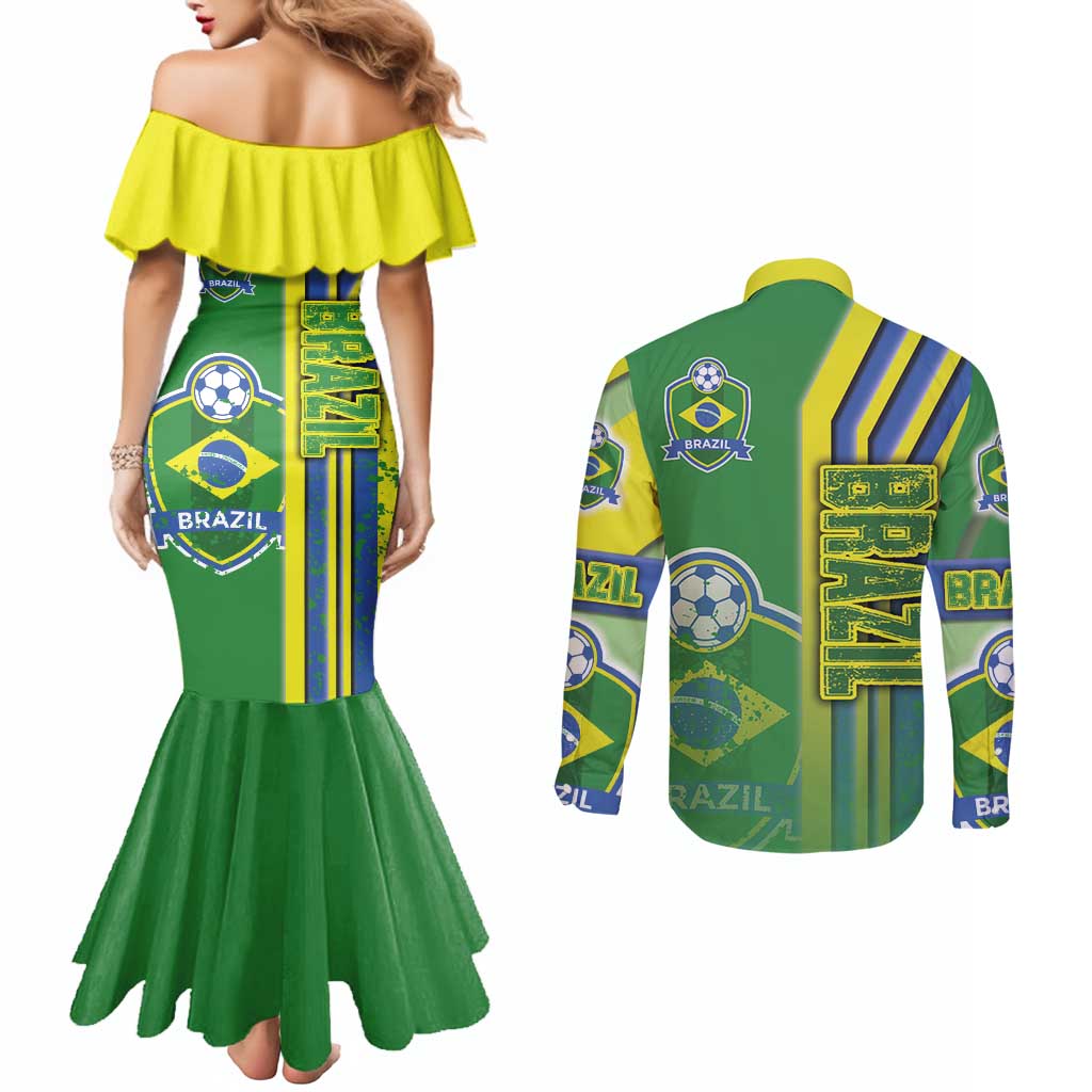 Brazil Football Couples Matching Mermaid Dress and Long Sleeve Button Shirt Selecao Soccer - Road To Champion