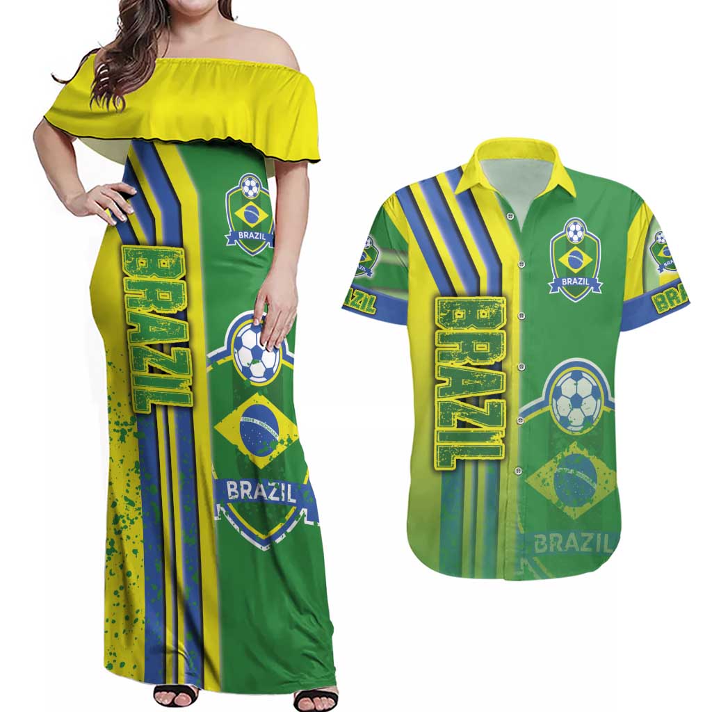 Brazil Football Couples Matching Off Shoulder Maxi Dress and Hawaiian Shirt Selecao Soccer - Road To Champion