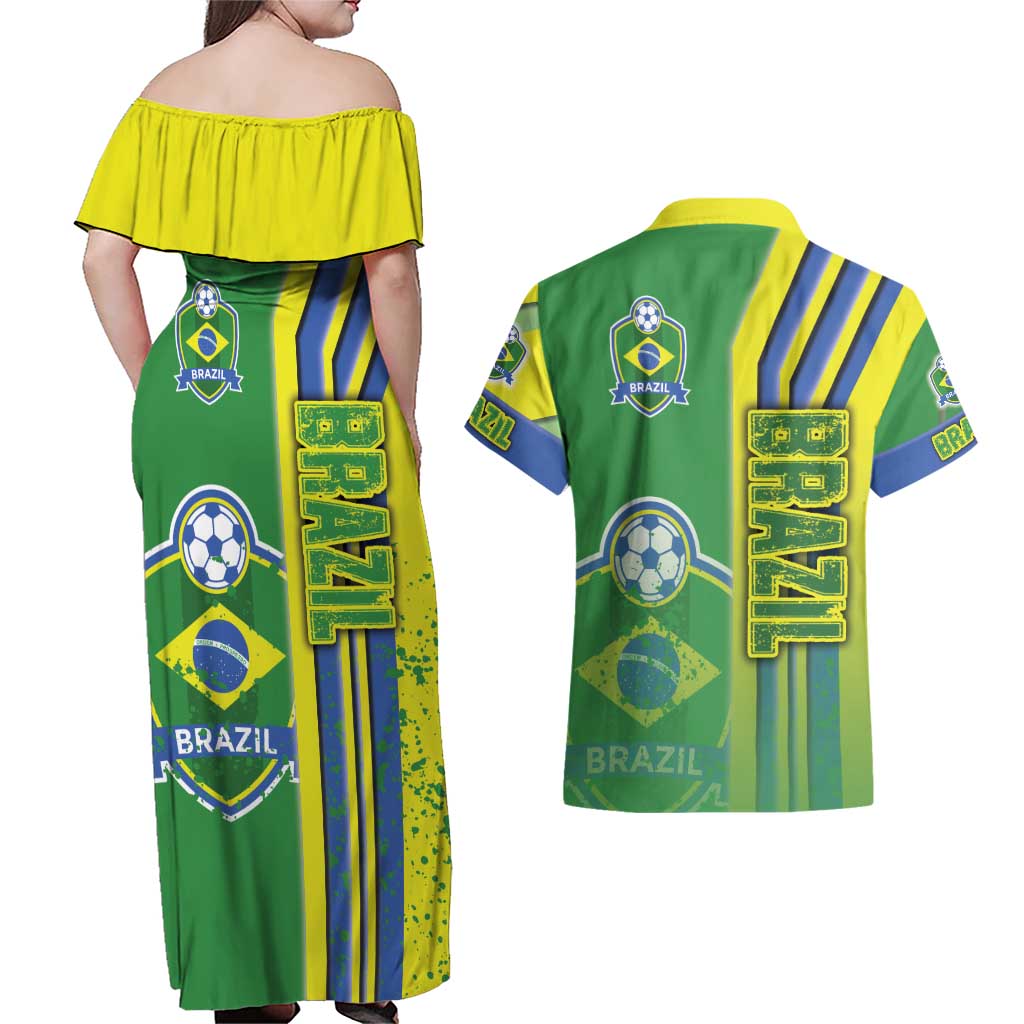 Brazil Football Couples Matching Off Shoulder Maxi Dress and Hawaiian Shirt Selecao Soccer - Road To Champion