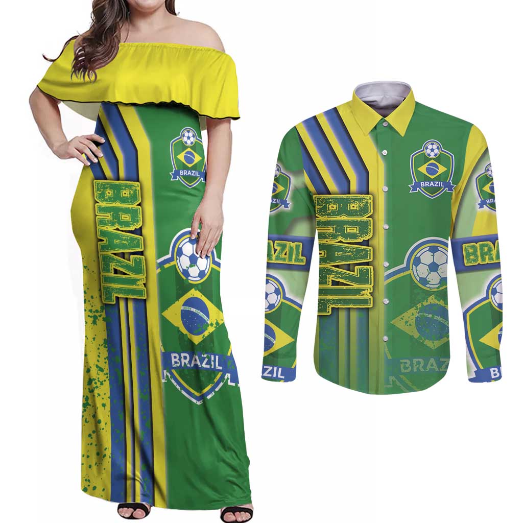Brazil Football Couples Matching Off Shoulder Maxi Dress and Long Sleeve Button Shirt Selecao Soccer - Road To Champion