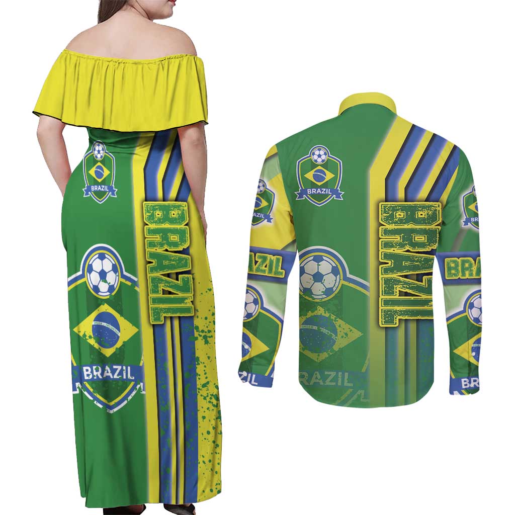 Brazil Football Couples Matching Off Shoulder Maxi Dress and Long Sleeve Button Shirt Selecao Soccer - Road To Champion