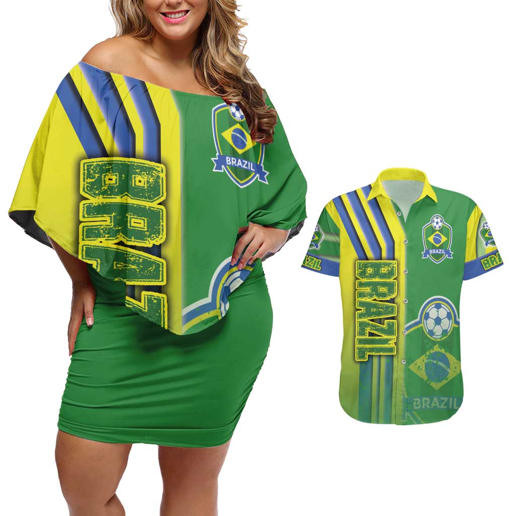 Brazil Football Couples Matching Off Shoulder Short Dress and Hawaiian Shirt Selecao Soccer - Road To Champion