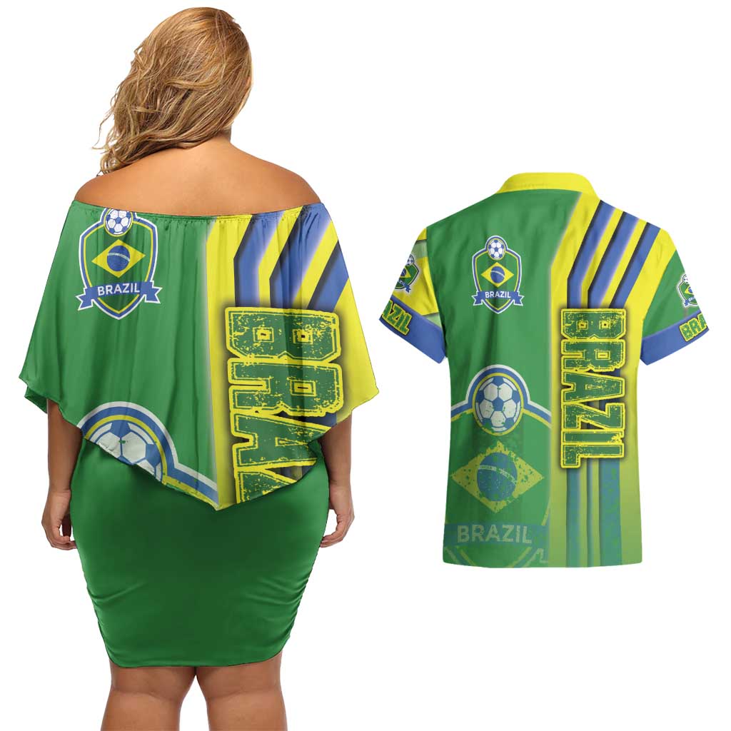 Brazil Football Couples Matching Off Shoulder Short Dress and Hawaiian Shirt Selecao Soccer - Road To Champion