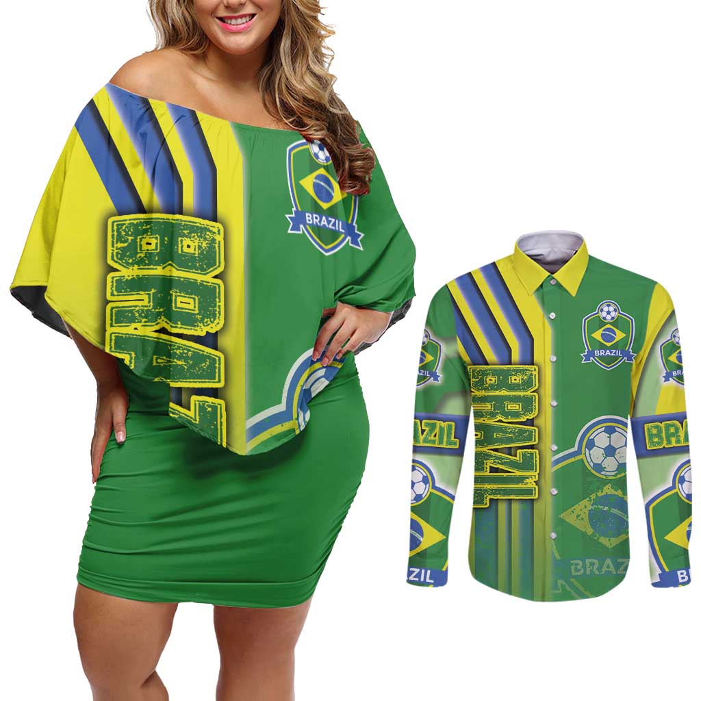 Brazil Football Couples Matching Off Shoulder Short Dress and Long Sleeve Button Shirt Selecao Soccer - Road To Champion