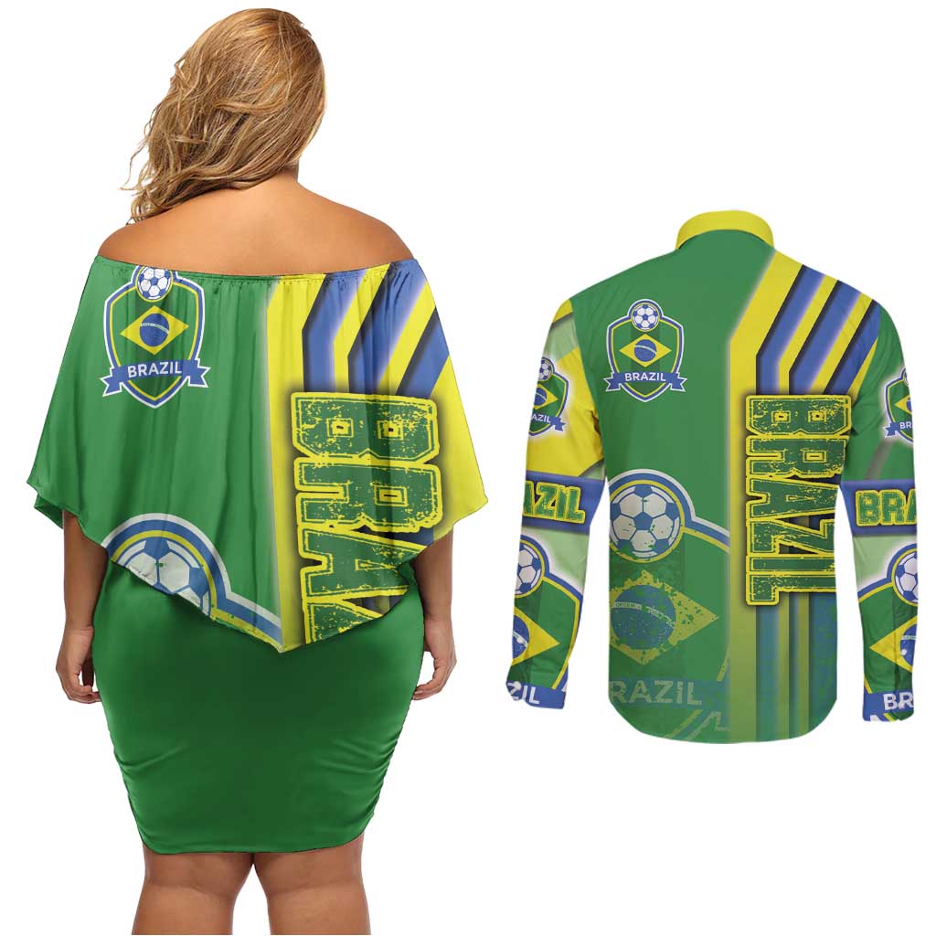 Brazil Football Couples Matching Off Shoulder Short Dress and Long Sleeve Button Shirt Selecao Soccer - Road To Champion