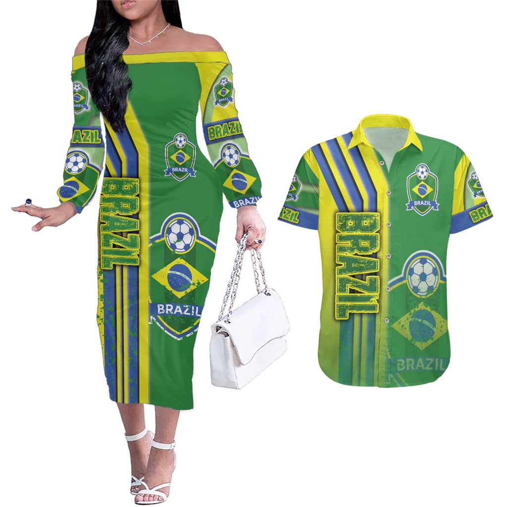 Brazil Football Couples Matching Off The Shoulder Long Sleeve Dress and Hawaiian Shirt Selecao Soccer - Road To Champion