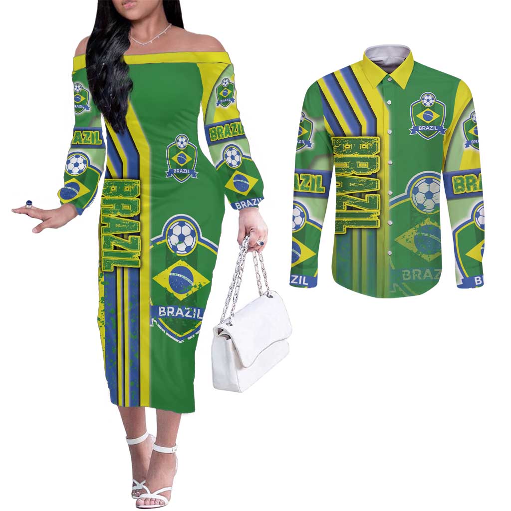 Brazil Football Couples Matching Off The Shoulder Long Sleeve Dress and Long Sleeve Button Shirt Selecao Soccer - Road To Champion