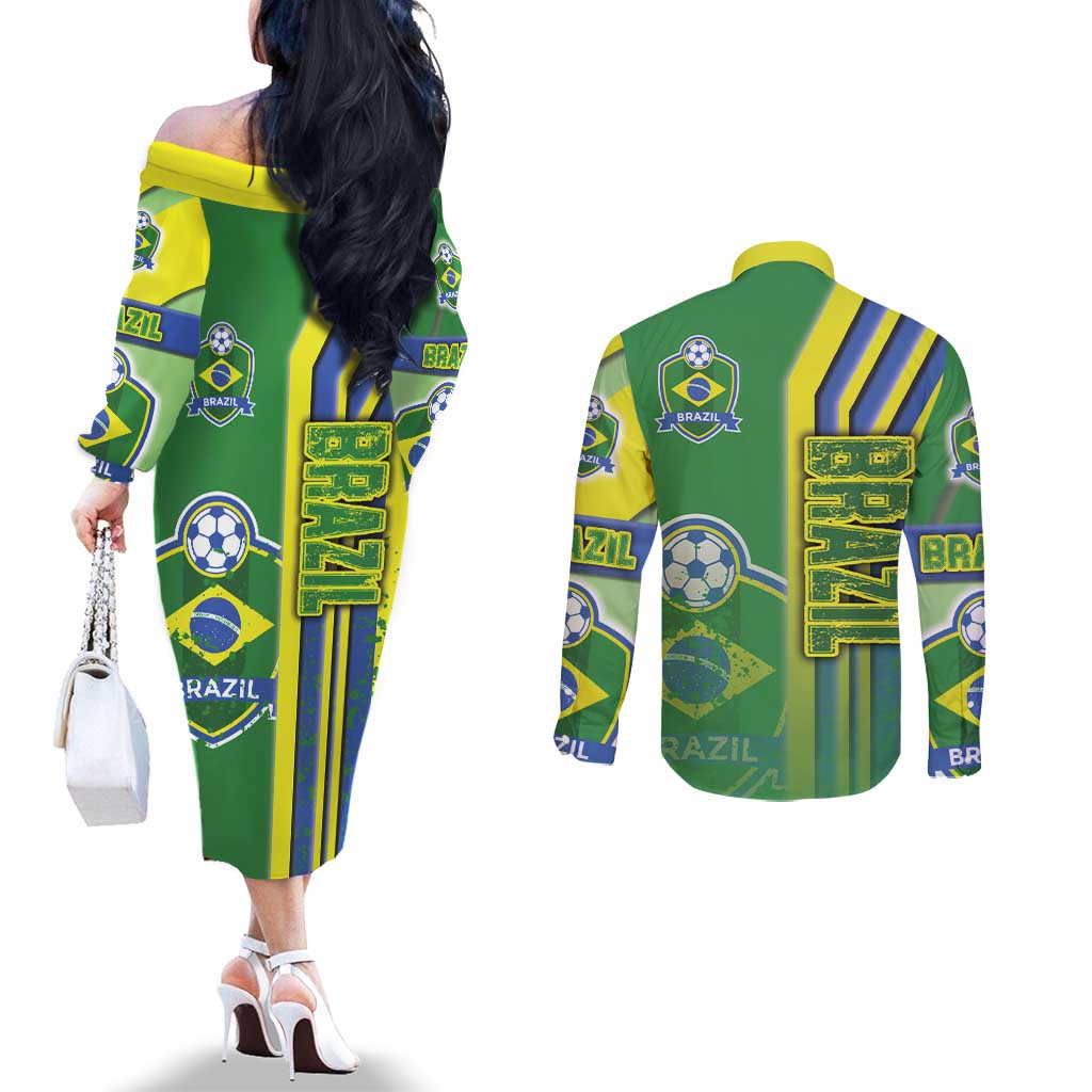 Brazil Football Couples Matching Off The Shoulder Long Sleeve Dress and Long Sleeve Button Shirt Selecao Soccer - Road To Champion