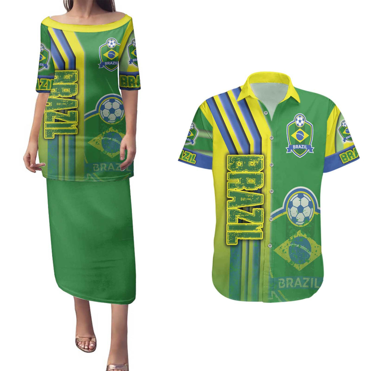 Brazil Football Couples Matching Puletasi and Hawaiian Shirt Selecao Soccer - Road To Champion