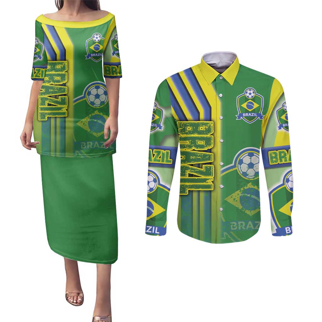 Brazil Football Couples Matching Puletasi and Long Sleeve Button Shirt Selecao Soccer - Road To Champion