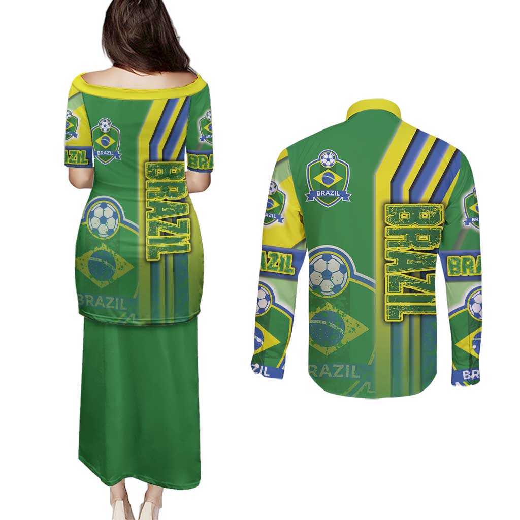 Brazil Football Couples Matching Puletasi and Long Sleeve Button Shirt Selecao Soccer - Road To Champion