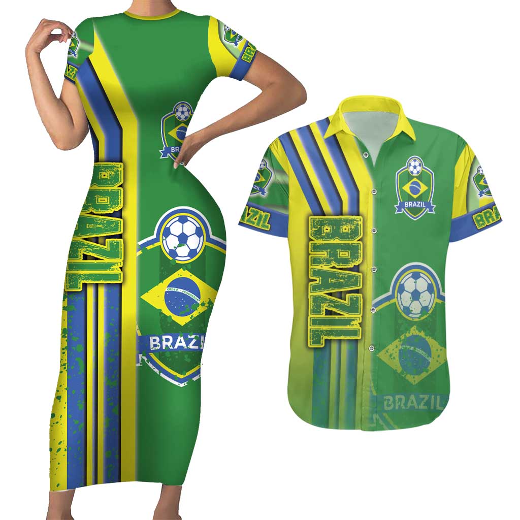 Brazil Football Couples Matching Short Sleeve Bodycon Dress and Hawaiian Shirt Selecao Soccer - Road To Champion