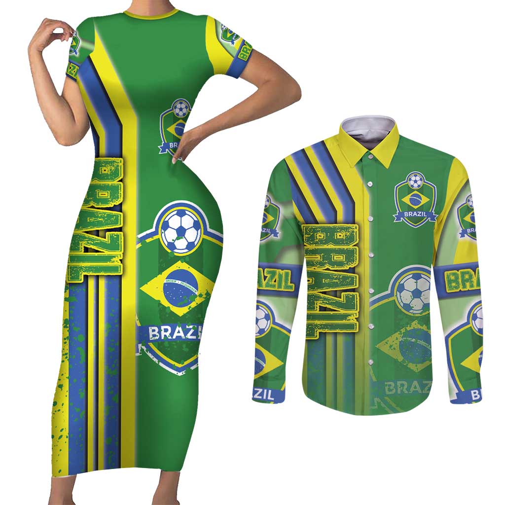 Brazil Football Couples Matching Short Sleeve Bodycon Dress and Long Sleeve Button Shirt Selecao Soccer - Road To Champion