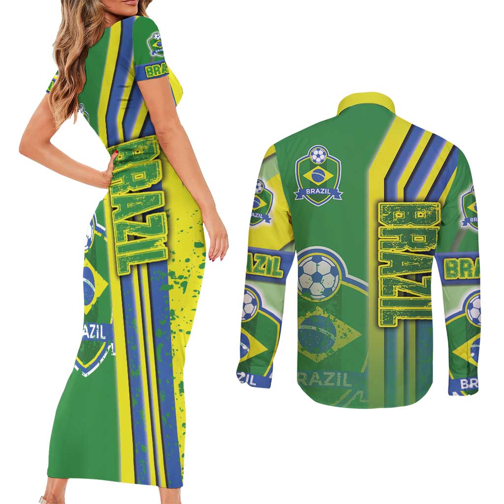 Brazil Football Couples Matching Short Sleeve Bodycon Dress and Long Sleeve Button Shirt Selecao Soccer - Road To Champion