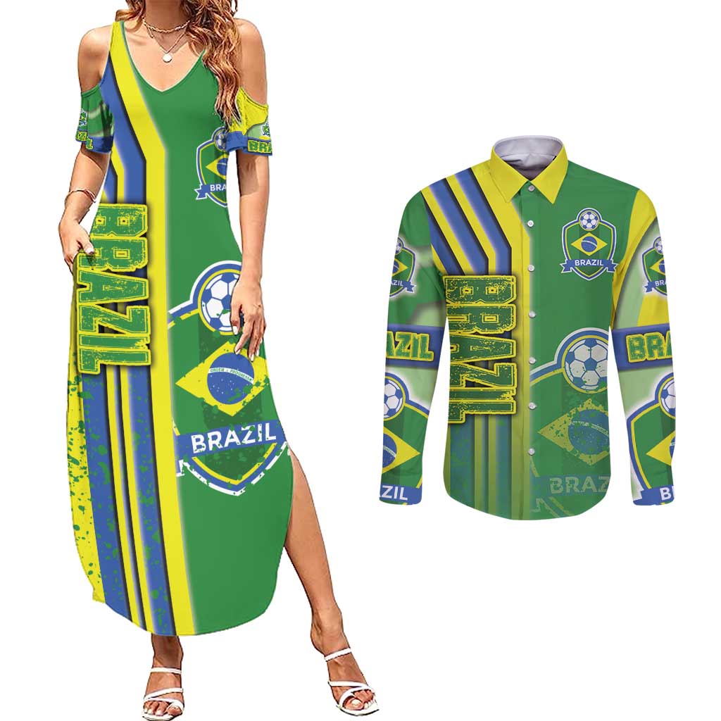 Brazil Football Couples Matching Summer Maxi Dress and Long Sleeve Button Shirt Selecao Soccer - Road To Champion