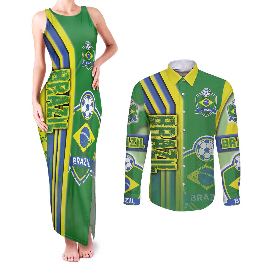 Brazil Football Couples Matching Tank Maxi Dress and Long Sleeve Button Shirt Selecao Soccer - Road To Champion