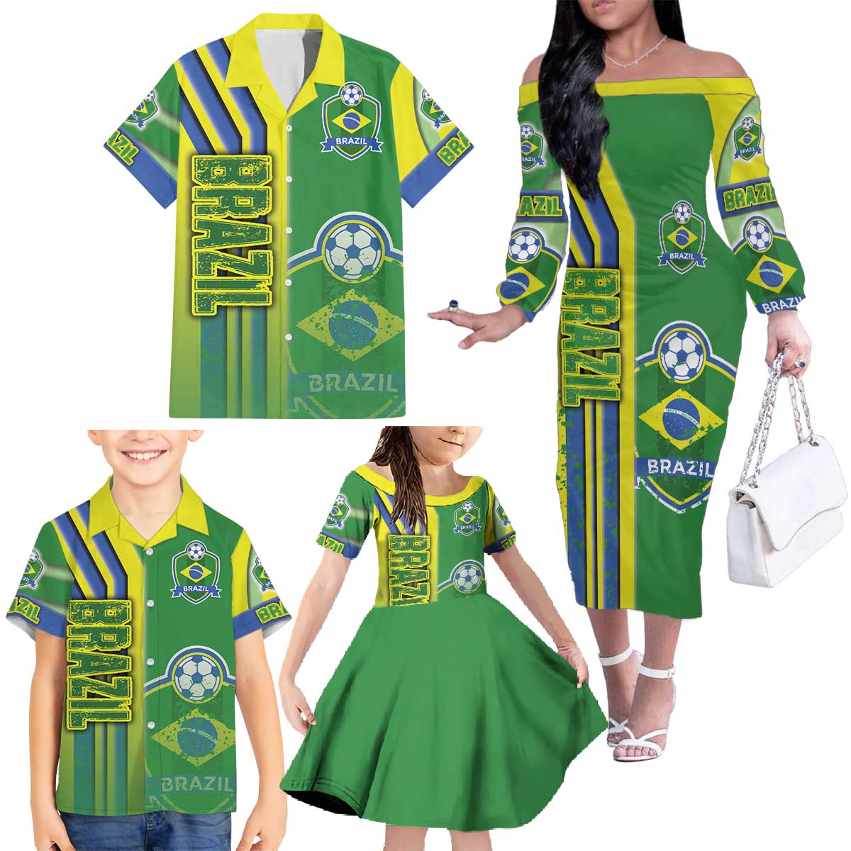 Brazil Football Family Matching Off The Shoulder Long Sleeve Dress and Hawaiian Shirt Selecao Soccer - Road To Champion