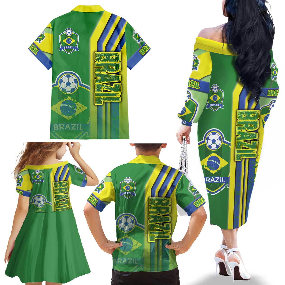Brazil Football Family Matching Off The Shoulder Long Sleeve Dress and Hawaiian Shirt Selecao Soccer - Road To Champion