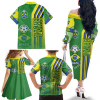 Brazil Football Family Matching Off The Shoulder Long Sleeve Dress and Hawaiian Shirt Selecao Soccer - Road To Champion