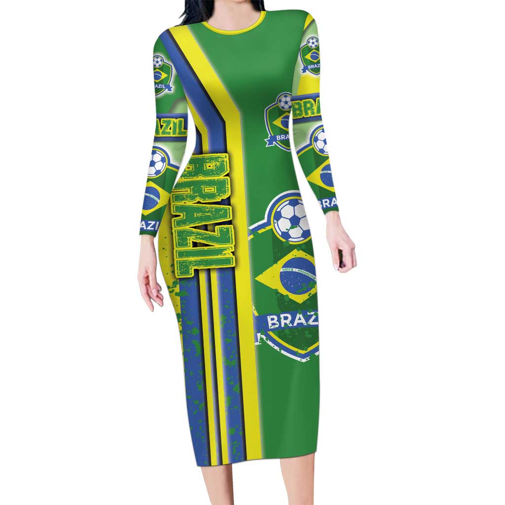 Brazil Football Long Sleeve Bodycon Dress Selecao Soccer - Road To Champion - Wonder Print Shop