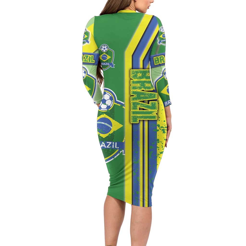 Brazil Football Long Sleeve Bodycon Dress Selecao Soccer - Road To Champion - Wonder Print Shop