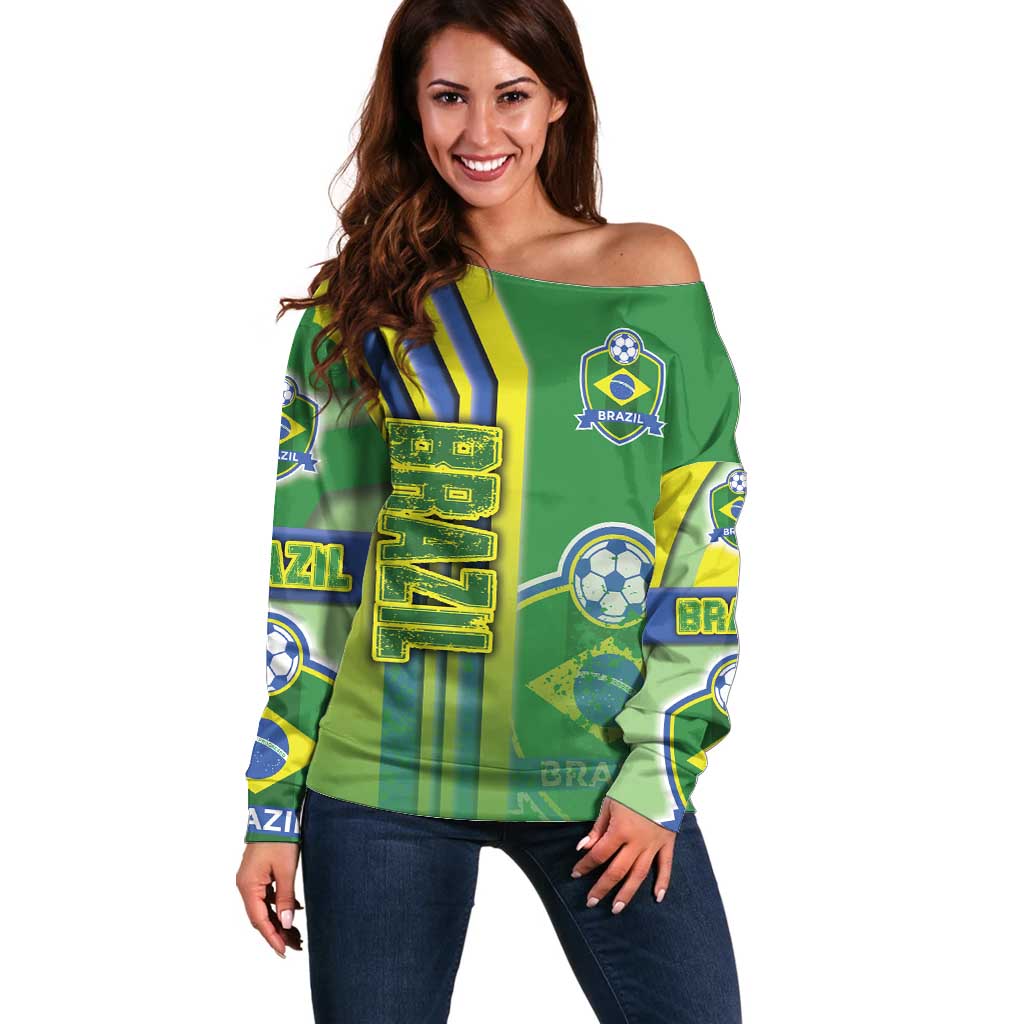 Brazil Football Off Shoulder Sweater Selecao Soccer - Road To Champion - Wonder Print Shop
