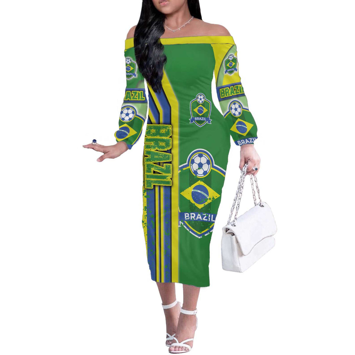 Brazil Football Off The Shoulder Long Sleeve Dress Selecao Soccer - Road To Champion - Wonder Print Shop