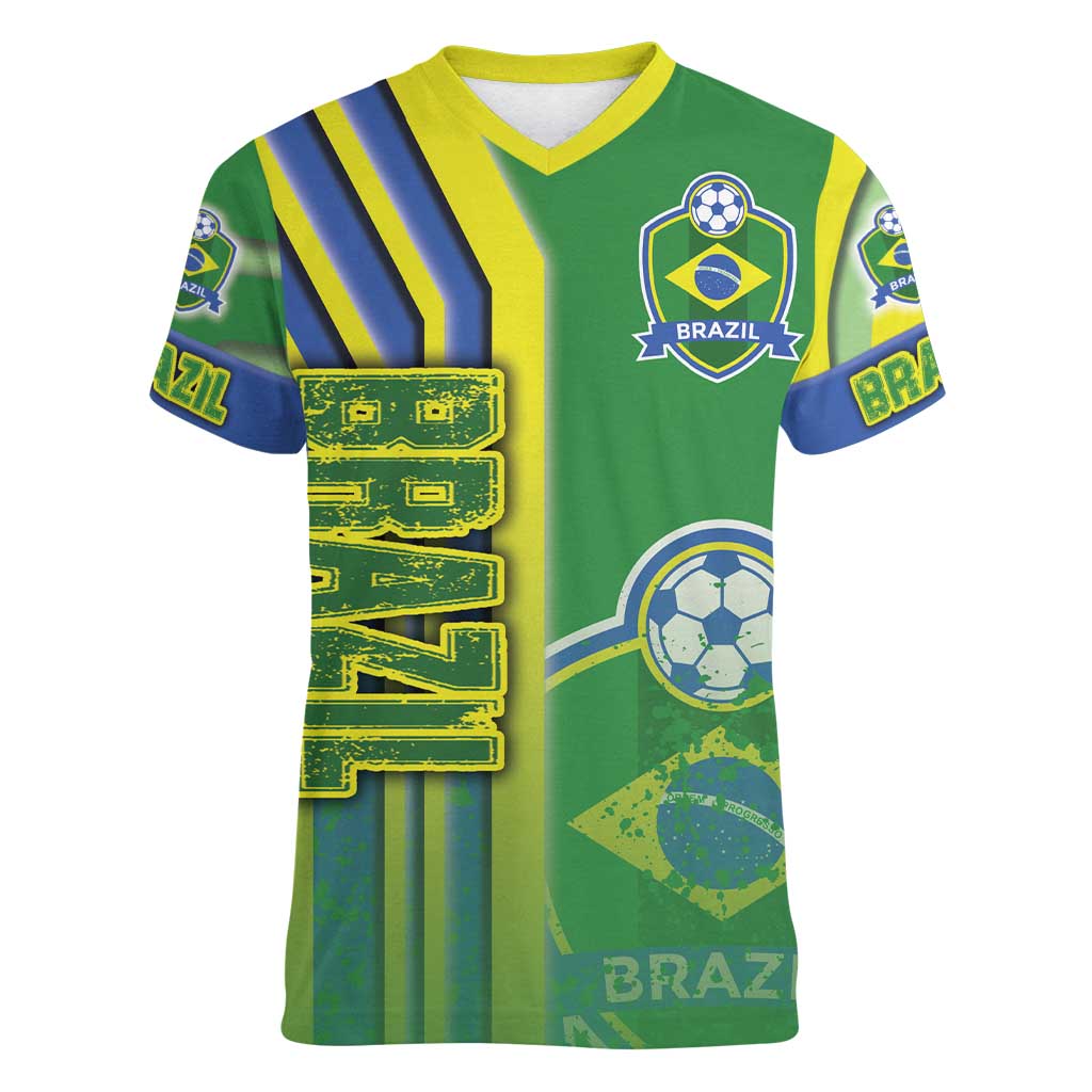 Brazil Football Women V-Neck T-Shirt Selecao Soccer - Road To Champion - Wonder Print Shop