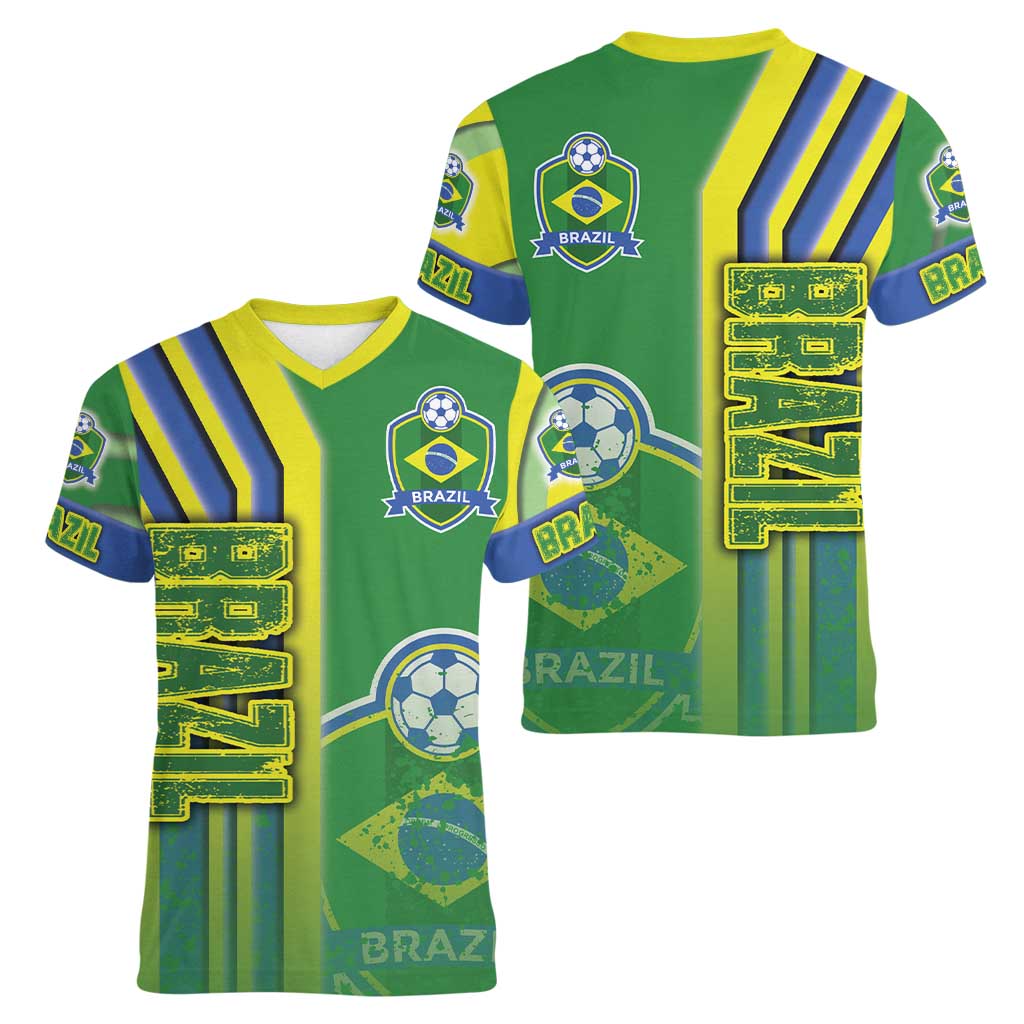 Brazil Football Women V-Neck T-Shirt Selecao Soccer - Road To Champion - Wonder Print Shop