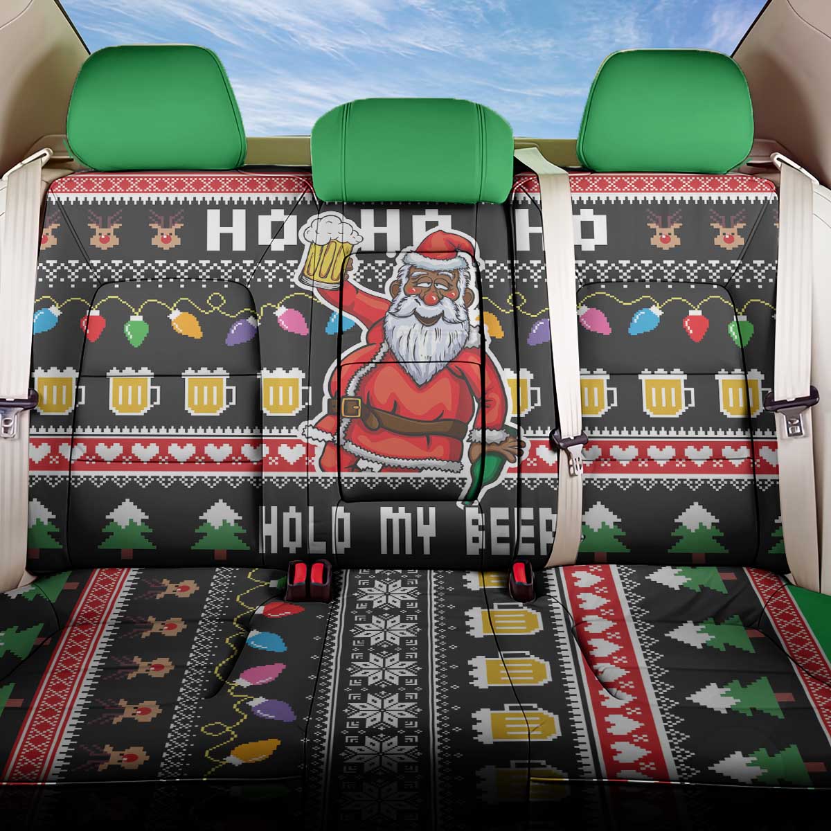 Ho Ho Ho Hold My Beer Santa African Back Car Seat Cover Laugh With Beer On Christmas - Wonder Print Shop