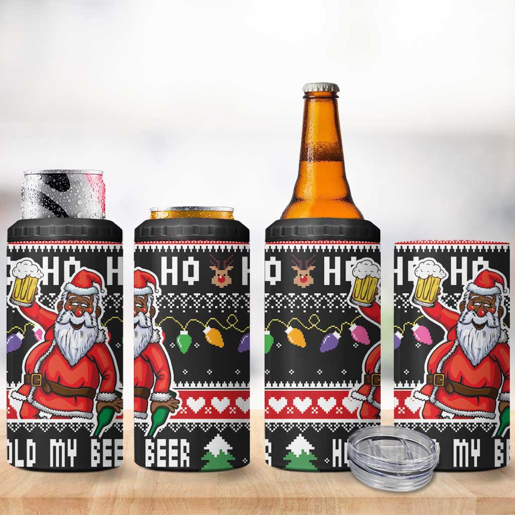 Ho Ho Ho Hold My Beer Santa African 4 in 1 Can Cooler Tumbler Laugh With Beer On Christmas - Wonder Print Shop