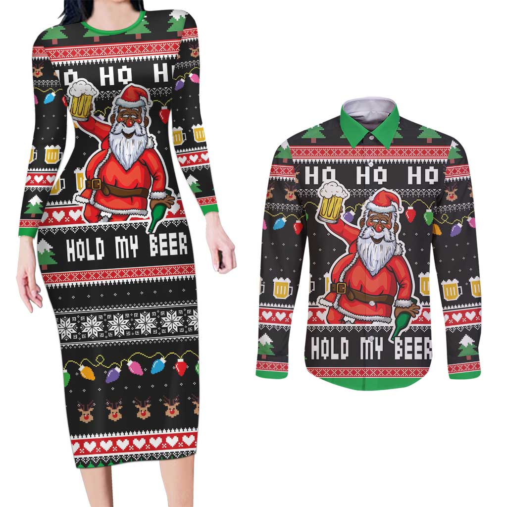 Ho Ho Ho Hold My Beer Santa African Couples Matching Long Sleeve Bodycon Dress and Long Sleeve Button Shirt Laugh With Beer On Christmas - Wonder Print Shop