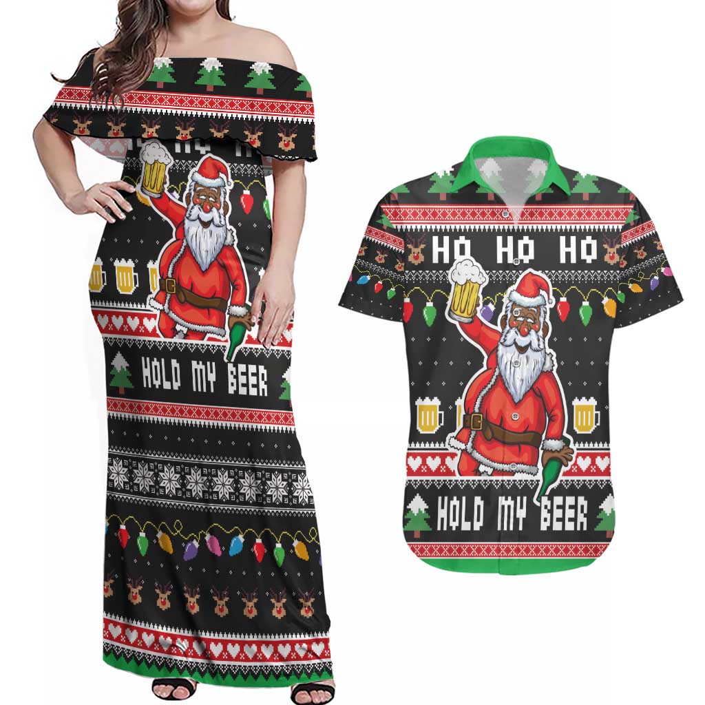 Ho Ho Ho Hold My Beer Santa African Couples Matching Off Shoulder Maxi Dress and Hawaiian Shirt Laugh With Beer On Christmas - Wonder Print Shop