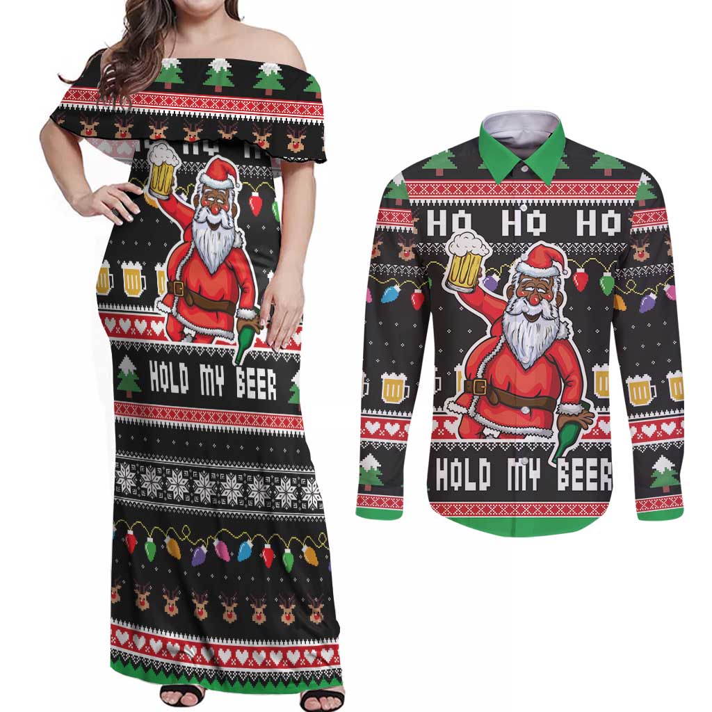 Ho Ho Ho Hold My Beer Santa African Couples Matching Off Shoulder Maxi Dress and Long Sleeve Button Shirt Laugh With Beer On Christmas - Wonder Print Shop