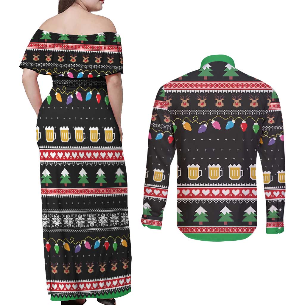 Ho Ho Ho Hold My Beer Santa African Couples Matching Off Shoulder Maxi Dress and Long Sleeve Button Shirt Laugh With Beer On Christmas - Wonder Print Shop