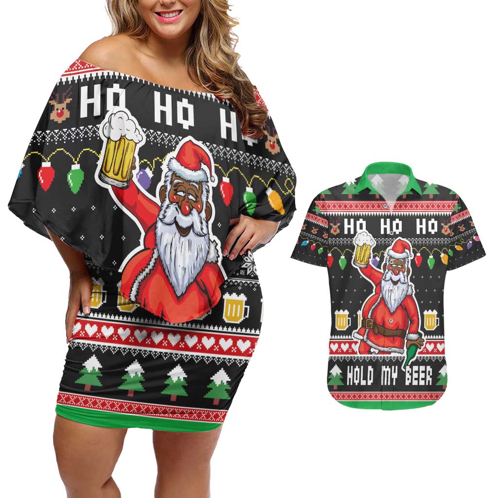 Ho Ho Ho Hold My Beer Santa African Couples Matching Off Shoulder Short Dress and Hawaiian Shirt Laugh With Beer On Christmas - Wonder Print Shop