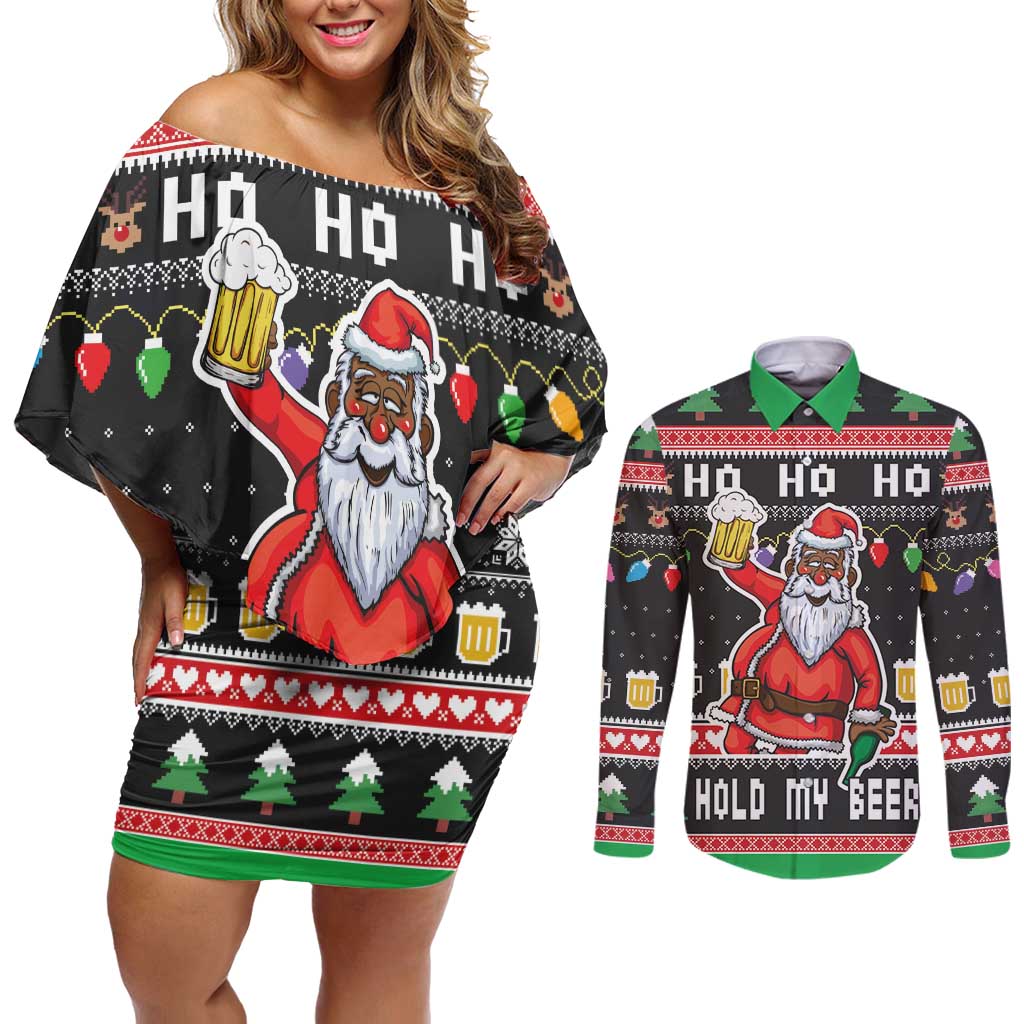 Ho Ho Ho Hold My Beer Santa African Couples Matching Off Shoulder Short Dress and Long Sleeve Button Shirt Laugh With Beer On Christmas - Wonder Print Shop