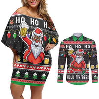 Ho Ho Ho Hold My Beer Santa African Couples Matching Off Shoulder Short Dress and Long Sleeve Button Shirt Laugh With Beer On Christmas - Wonder Print Shop