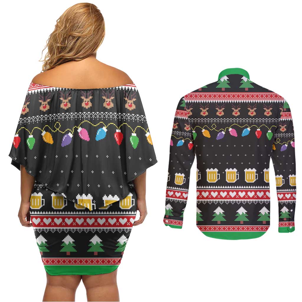 Ho Ho Ho Hold My Beer Santa African Couples Matching Off Shoulder Short Dress and Long Sleeve Button Shirt Laugh With Beer On Christmas - Wonder Print Shop
