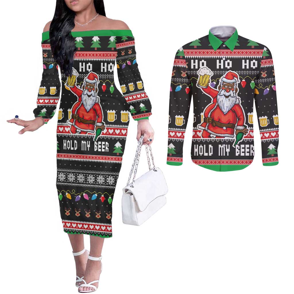Ho Ho Ho Hold My Beer Santa African Couples Matching Off The Shoulder Long Sleeve Dress and Long Sleeve Button Shirt Laugh With Beer On Christmas
