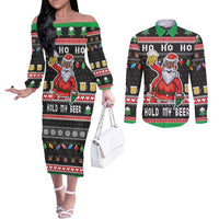 Ho Ho Ho Hold My Beer Santa African Couples Matching Off The Shoulder Long Sleeve Dress and Long Sleeve Button Shirt Laugh With Beer On Christmas