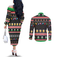Ho Ho Ho Hold My Beer Santa African Couples Matching Off The Shoulder Long Sleeve Dress and Long Sleeve Button Shirt Laugh With Beer On Christmas