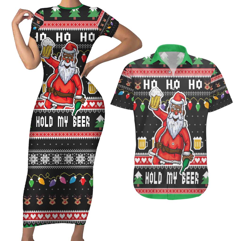 Ho Ho Ho Hold My Beer Santa African Couples Matching Short Sleeve Bodycon Dress and Hawaiian Shirt Laugh With Beer On Christmas - Wonder Print Shop