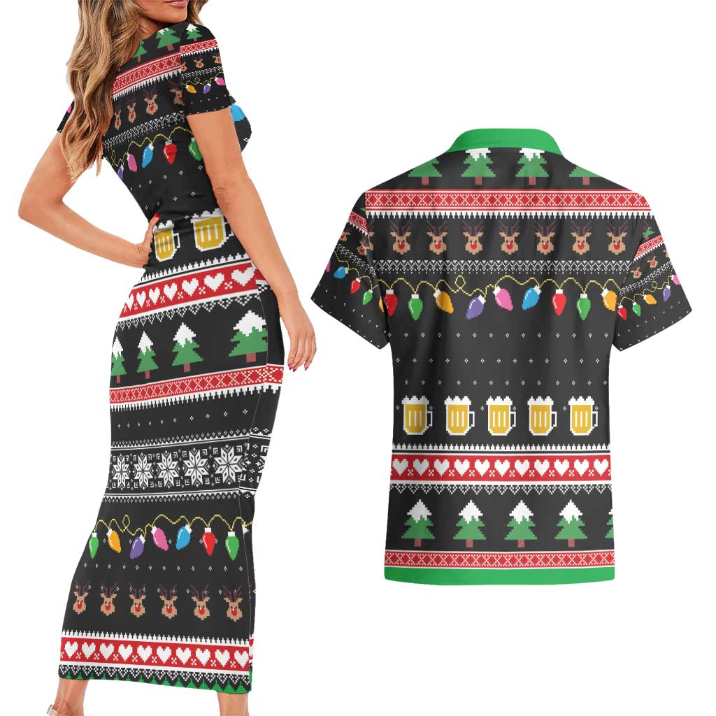 Ho Ho Ho Hold My Beer Santa African Couples Matching Short Sleeve Bodycon Dress and Hawaiian Shirt Laugh With Beer On Christmas - Wonder Print Shop